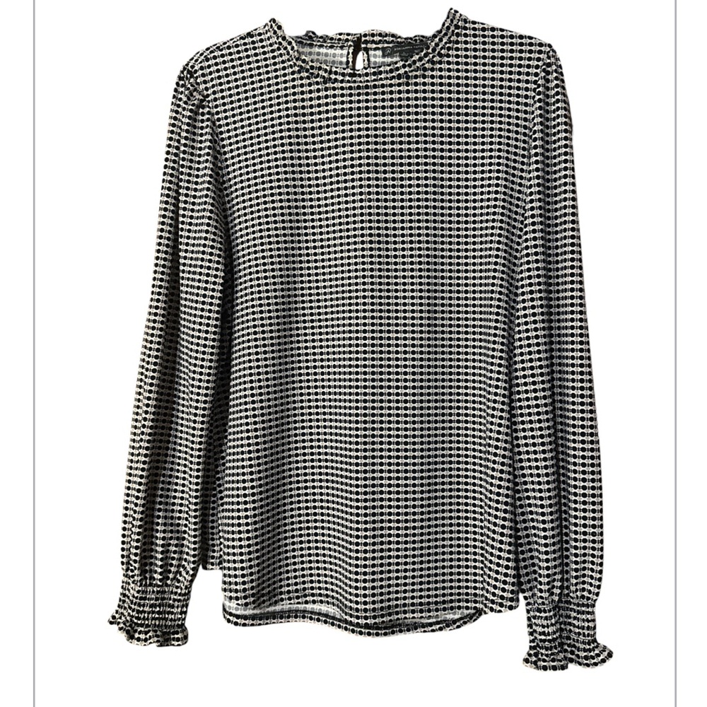 Adrianna Papell Tan Black Houndstooth Blouse Ruched Sleeves - Size L